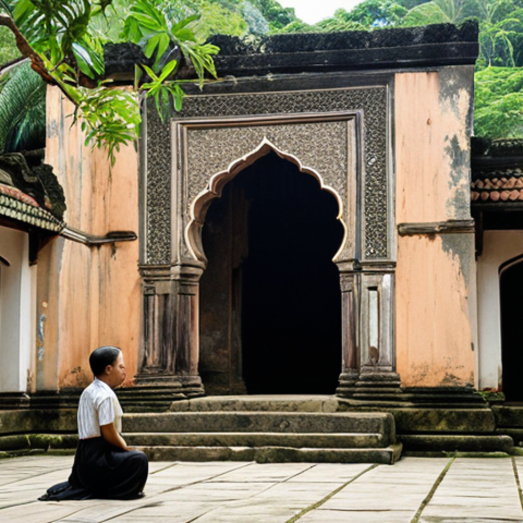 ** A solitary figure stands in quiet contemplation amidst the tranquil ruins of a historical site in Malaysia, such as the weathered stone walls of an old fort in Melaka or a serene, ancient mosque in Kelantan. Soft, diffused natural light bathes the scene, highlighting intricate architectural details and lush surrounding greenery. The atmosphere evokes a deep sense of connection to the past, spiritual introspection, and the timeless beauty of Malaysian heritage. The mood is peaceful and reflective.

2.  **