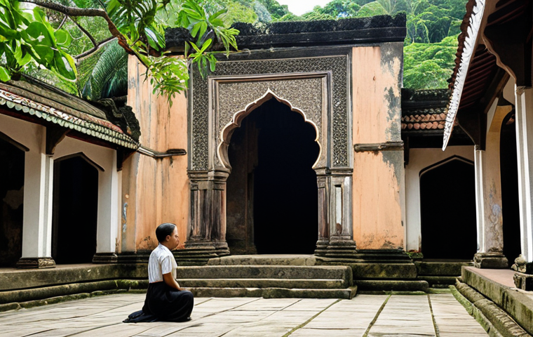 ** A solitary figure stands in quiet contemplation amidst the tranquil ruins of a historical site in Malaysia, such as the weathered stone walls of an old fort in Melaka or a serene, ancient mosque in Kelantan. Soft, diffused natural light bathes the scene, highlighting intricate architectural details and lush surrounding greenery. The atmosphere evokes a deep sense of connection to the past, spiritual introspection, and the timeless beauty of Malaysian heritage. The mood is peaceful and reflective.
2. **