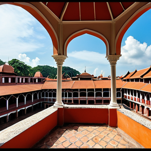 Home 8 **Prompt:** "A panoramic view of Kota A Famosa in Melaka, Malaysia. Capture the historical ruins with tourists exploring the site, emphasizing the colonial architecture and atmosphere. Sunny day, vibrant colors."