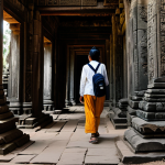 ** A solo female traveler, fully clothed in modest attire appropriate for Southeast Asian climate (e.g., lightweight cotton pants, long-sleeved breathable shirt), exploring the ancient ruins of Angkor Wat in Cambodia.  She is carrying a backpack and a camera.  The scene is bathed in warm sunlight, with intricate carvings visible on the temple walls. Focus on her awe and wonder. Safe for work, appropriate content, professional photography, perfect anatomy, natural proportions.

**