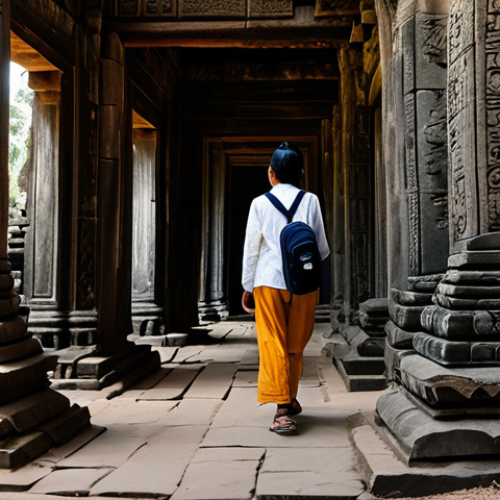 ** A solo female traveler, fully clothed in modest attire appropriate for Southeast Asian climate (e.g., lightweight cotton pants, long-sleeved breathable shirt), exploring the ancient ruins of Angkor Wat in Cambodia.  She is carrying a backpack and a camera.  The scene is bathed in warm sunlight, with intricate carvings visible on the temple walls. Focus on her awe and wonder. Safe for work, appropriate content, professional photography, perfect anatomy, natural proportions.

**