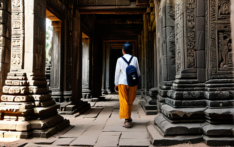** A solo female traveler, fully clothed in modest attire appropriate for Southeast Asian climate (e.g., lightweight cotton pants, long-sleeved breathable shirt), exploring the ancient ruins of Angkor Wat in Cambodia.  She is carrying a backpack and a camera.  The scene is bathed in warm sunlight, with intricate carvings visible on the temple walls. Focus on her awe and wonder. Safe for work, appropriate content, professional photography, perfect anatomy, natural proportions.

**